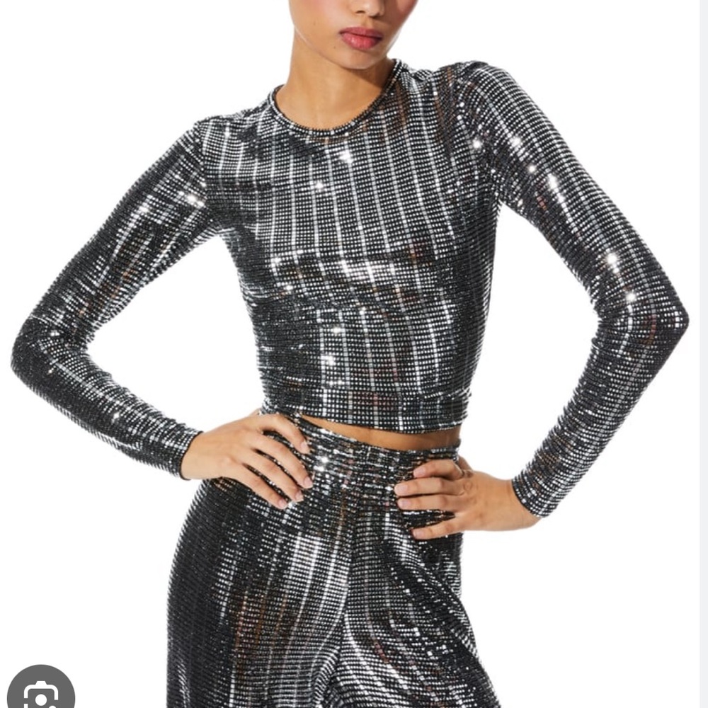 Alice + Olivia Sequin Long-Sleeve Crop Top DISCO
